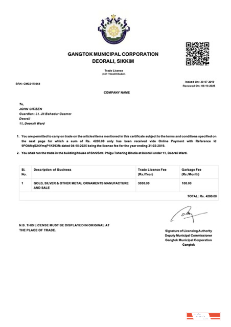 India Gangtok trade license Word and PDF template